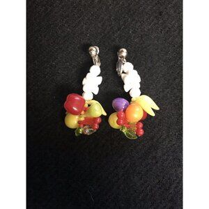 Vintage Chiquita Banana Fruit Salad Clip On Earrings Retro Plastic 2in Dangle